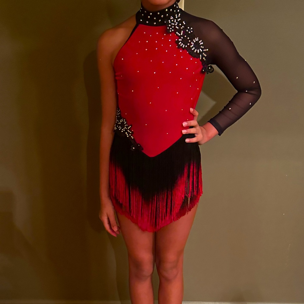 Sassy costume velvet, rhinestones, appliqué, fringe. One sleeve, gorgeous!